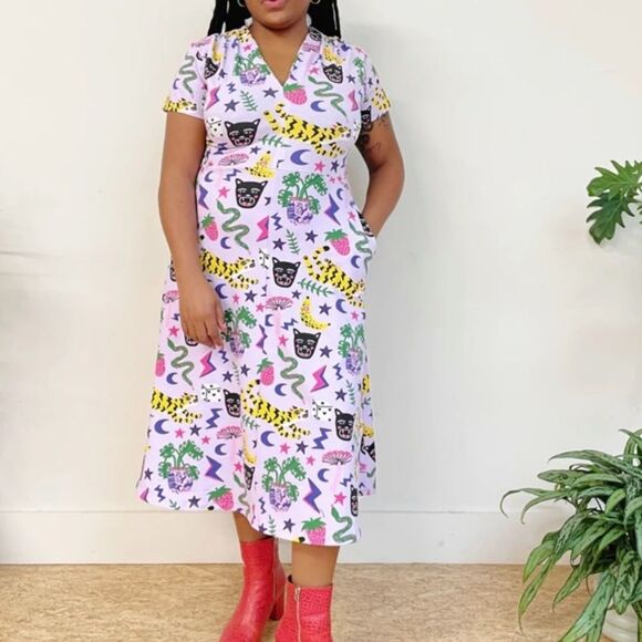 Nooworks Greta Dress XS Purple Graphic Print Fit & Flare Cotton Jersey Pockets - Picture 2 of 12